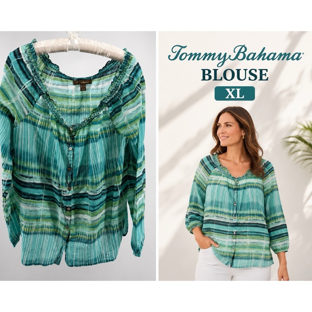 Tommy Bahama Womens XL Green Striped Cotton Silk Button Front Coastal Resortwear
